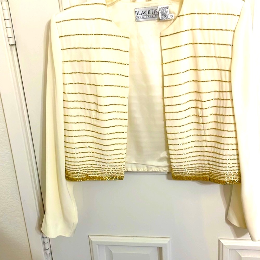 OlegCassini Beaded Jkt in gold   sz 12